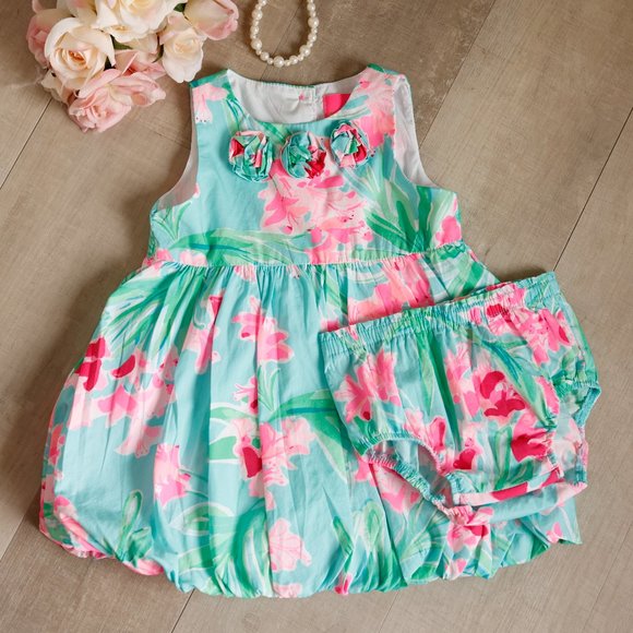 SALE- Lilly Pulitzer Aqua Bubble Dress Set Size 18/24 Months Cotton Like New - Picture 1 of 7